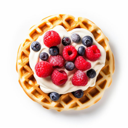 waffles, freshly baked and golden brown, sit atop a crisp white background, showcasing their crispy edges and fluffy centers, perfect for a delicious breakfast or brunch, accompanied by sweet toppings like maple syrup, fresh fruits, or whipped cream. ai generatedの素材
