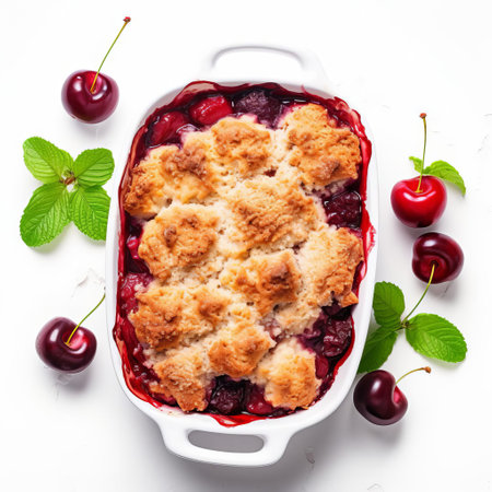 the dessert dish is surrounded by vibrant cherries and fresh mint leaves, adding a pop of color and freshness to the scene, evoking feelings of summer and outdoor gatherings, while the overall style is clean and minimalist, with a focus on showcasing the sweet treat as the main attraction, perfect for food bloggers and culinary enthusiasts. ai generatedの素材