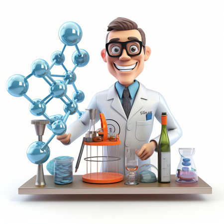 the chemist, a 3d male scientist, stands proudly on a white isolated background, wearing a lab coat and goggles, surrounded by various laboratory equipment and beakers, conducting experiments and analyzing chemical reactions in a sterile environment. ai generatedの素材
