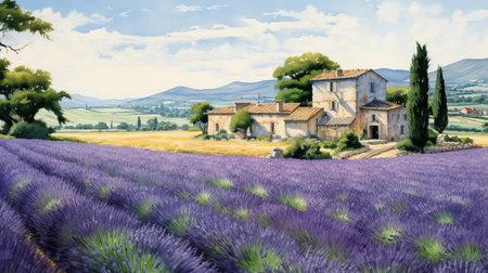 wisteria flowers cascade down a picturesque hillside in a serene provence morning scene, surrounded by lush greenery and a soft mist, evoking a sense of tranquility and romance in the french countryside, perfect for nature lovers and photography enthusiasts alike. ai generatedの素材