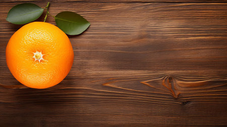 the orange, a vibrant and juicy citrus fruit, sits solitary on a rustic wood table, its peel glistening in the light, surrounded by the natural texture of the wooden surface, evoking feelings of warmth and coziness, perfect for a still life photography or a healthy snack inspiration. ai generatedの素材