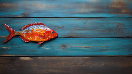 fresh fish lies on a rustic wood table, its scales glistening in the light, surrounded by scattered fresh parsley and lemon slices, evoking a sense of a seafood feast, perfect for a summer dinner party or a healthy meal prep inspiration. ai generatedの素材