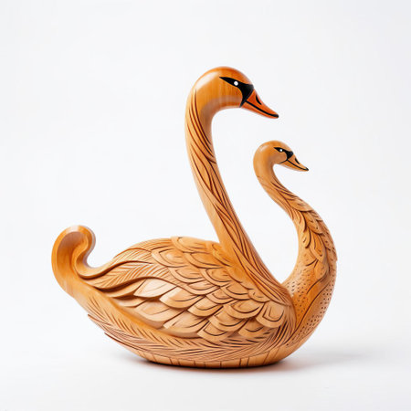 the elegant handmade wood swan, crafted with precision and care, stands proudly on a pristine white background, showcasing its intricately carved full body, capturing the essence of nature's beauty and serenity, perfect for home decor or as a unique gift for nature lovers and woodworking enthusiasts. ai generatedの素材