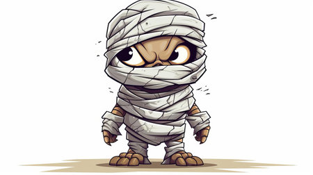 the mummy, wrapped in vibrant bandages, stands out against a crisp white background, its cartoonish features and goofy expression bringing a playful touch to ancient egyptian mythology, perfect for halloween decorations, kids' parties, or educational materials about pharaohs and pyramids. ai generatedの素材