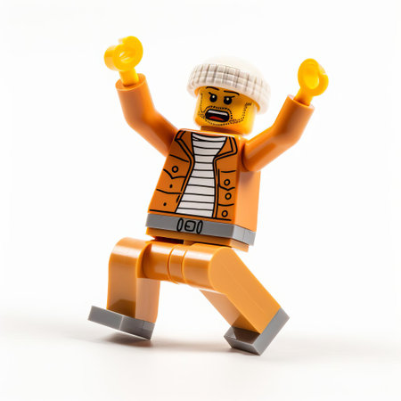 the male dancer figurine, crafted from iconic interlocking lego bricks, strikes a pose on a pristine white isolated background, showcasing intricate details and vibrant colors, perfect for fans of lego art, miniature sculptures, and creative toys. ai generatedの素材