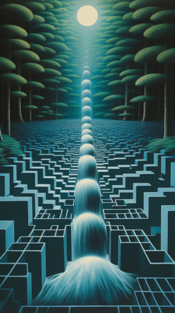 the waterfall cascades down a rocky cliff, its misty veil rising into the air, evoking the op art style of victor vasarely, with its mesmerizing patterns and shapes, as the natural wonder's beauty is reflected in the artistic movement's geometric abstraction, blending nature and art in perfect harmony. ai generatedの素材