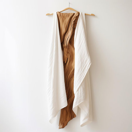 this rustic handmade wood towel, crafted with precision and care, sits elegantly on a pristine white background, showcasing its natural beauty and unique texture, perfect for adding a touch of organic charm to any bathroom or kitchen decor, evoking feelings of warmth and coziness. ai generatedの素材