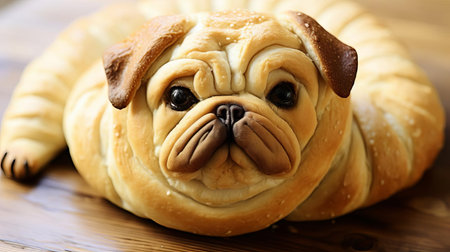 this adorable dog-shaped bagel pastry is a delightful breakfast treat, featuring a crispy crust and soft interior, perfect for dog lovers and pastry enthusiasts alike, adding a playful twist to the classic breakfast staple with its creative canine design. ai generatedの素材