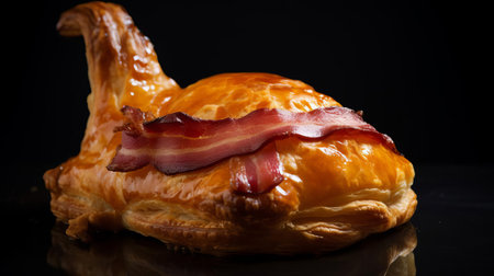 "savory duck-shaped bacon pastry, perfectly golden brown, sits atop a rustic wooden cutting board, surrounded by fresh herbs, evoking a sense of rustic charm and appetizing flavors, perfect for a gourmet breakfast or brunch gathering, highlighting the art of creative pastry making and delicious savory treats.", ai generatedの素材