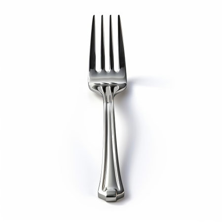 the fork, a stainless steel utensil, stands upright on a pristine white background, showcasing its sleek design and intricate details, perfect for 3d modeling, cgi, and product visualization projects, highlighting its functionality and aesthetic appeal in a minimalist setting. ai generatedの素材
