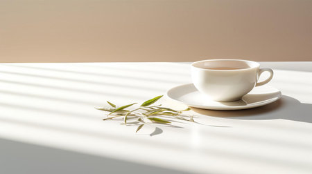 a delicate cup of white tea sits elegantly on a minimalist table, capturing the essence of simplicity and serenity, with the varied angle of the shot adding a touch of creativity to this still life photography, evoking feelings of calmness and relaxation. ai generatedの素材