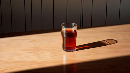 a refreshing glass of root beer sits prominently on the table, its creamy foam and dark liquid glistening in the light, captured from a unique and varied angle, showcasing the simplicity and elegance of a minimalist composition, perfect for a summer evening or a casual gathering. ai generatedの素材