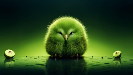 the kiwi illustration exudes a serene ambiance, surrounded by lush greenery and soft, gentle hues, evoking a sense of peacefulness and calmness, perfect for relaxation and mindfulness, bringing a touch of nature's tranquility to any space, ideal for wellness and self-care enthusiasts. ai generatedの素材