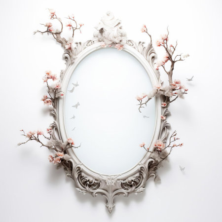 the mirror stands elegantly against a pristine white background, its sleek frame and reflective surface capturing the surrounding light, creating a sense of modern sophistication and minimalist chic, perfect for interior design inspiration and home decor ideas. ai generatedの素材