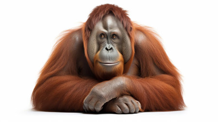 the orangutan, a majestic primate native to indonesia and malaysia, sits serenely against a clean white background, showcasing its distinctive reddish-brown fur, expressive eyes, and gentle demeanor, highlighting the importance of conservation efforts for these endangered creatures in their natural habitats. ai generatedの素材