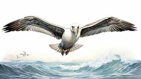 the albatross, a majestic seabird with impressive wingspan, is beautifully captured in this stunning photograph, perched simply on a clean white background, showcasing its striking plumage and elegant features, perfect for nature lovers and bird enthusiasts alike. ai generatedの素材