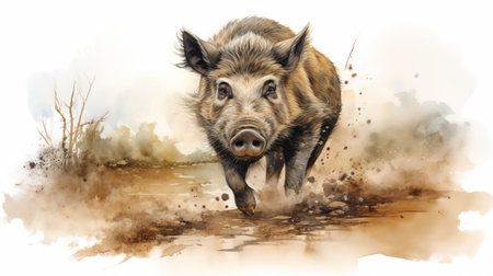 the boar, a majestic wild pig, stands proudly against a clean white background, showcasing its coarse brown fur and distinctive tusks, highlighting its powerful build and rugged beauty, perfect for nature and wildlife enthusiasts and photographers. ai generatedの素材