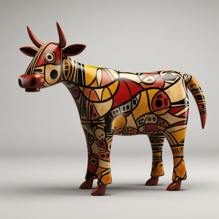 the prehistoric art cow, a mesmerizing 3d artwork inspired by the cubist masterpieces of pablo picasso, showcases a stylized bovine form with fragmented shapes and vibrant colors, blending ancient and modern artistic styles, evoking a sense of primal creativity and artistic innovation. ai generatedの素材