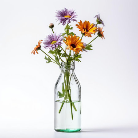 the vase, adorned with an elegant bouquet of fresh flowers, sits serenely against a pristine white background, showcasing its delicate curves and vibrant petals, perfect for adding a touch of simplicity and elegance to any room's decor or as a beautiful still life photography subject. ai generatedの素材