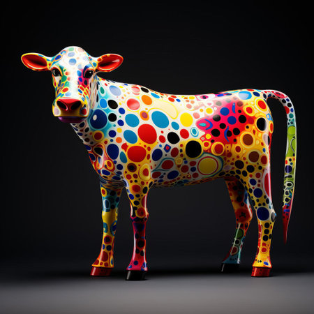 the cow, a vibrant and abstract creature, emerges from a mesmerizing array of tiny dots in this stunning pointillism-inspired 3d artwork, reminiscent of the pioneering style of pablo picasso, blending cubism and impressionism to create a truly unique and thought-provoking visual experience. ai generatedの素材