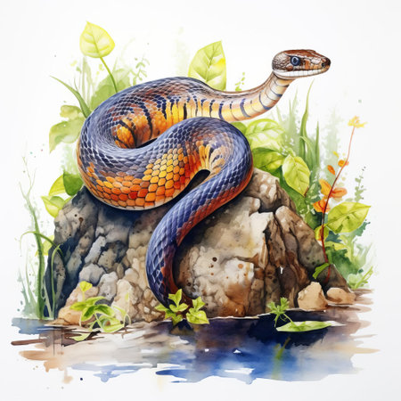 a serpent, coiled and calm, takes center stage in this stunning watercolor painting, set against a crisp white background, showcasing the artist's mastery of subtle color gradations and delicate brushstrokes, evoking a sense of mystique and wonder, perfect for reptile enthusiasts and art lovers alike. ai generatedの素材
