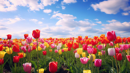 tulip flowers sway gently in the breeze, surrounded by lush greenery, in a vibrant and colorful field of blooming beauty, capturing the essence of springtime serenity and natural elegance, perfect for nature lovers and photography enthusiasts alike. ai generatedの素材