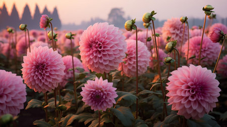 dahlia flowers sway gently in the breeze, surrounded by lush greenery, in a vibrant flower field ablaze with colorful blooms, showcasing their intricate petals and statuesque stems, creating a picturesque summer landscape perfect for nature lovers and photography enthusiasts. ai generatedの素材