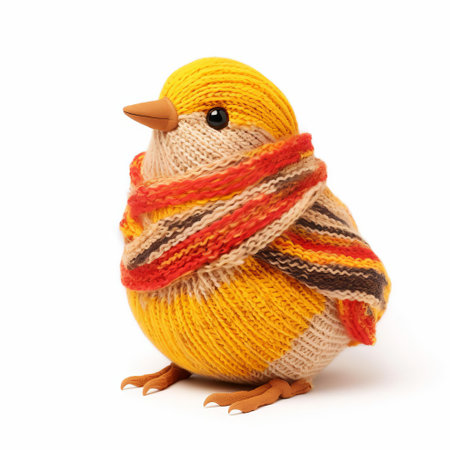 this adorable knitted bird, crafted with precision and care, sits isolated on a pristine white background, showcasing its vibrant plumage and intricate stitching, perfect for use in textile art, handmade crafts, and diy projects, evoking feelings of warmth and coziness. ai generatedの素材