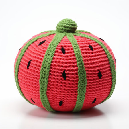 the vibrant knitted watermelon, showcasing intricate stitching and colorful yarn, sits isolated on a pristine white background, evoking feelings of summer fun and whimsical creativity, perfect for foodies, craft enthusiasts, and anyone seeking a playful pop of color in their digital space. ai generatedの素材