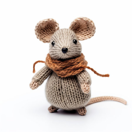 this adorable knitted mouse sits isolated on a pristine white background, showcasing its intricate stitching and soft, cuddly texture, perfect for craft enthusiasts, diy projects, and homemade decorations, evoking a sense of warmth and coziness in any room. ai generatedの素材