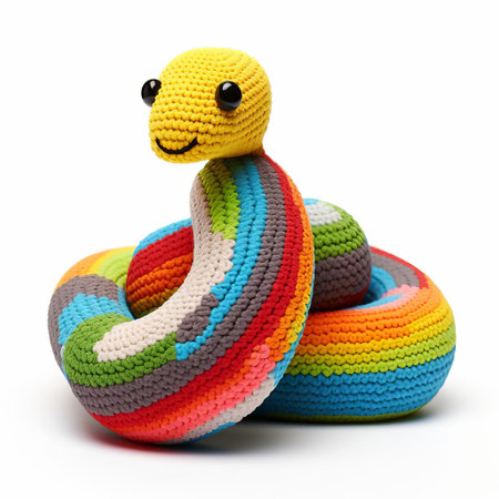 the knitted snake, intricately crafted with vibrant colors and textures, lies isolated on a pristine white background, showcasing its scaly pattern and lifelike features, perfect for textile enthusiasts, crafters, and reptile fans alike, highlighting the art of knitting and crochet. ai generatedの素材
