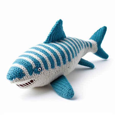 a knitted shark, crafted with precision and care, sits isolated on a pristine white background, showcasing its intricate details and vibrant colors, perfect for textile enthusiasts, crafty diy projects, and marine life fans alike, evoking a sense of whimsy and playfulness. ai generatedの素材