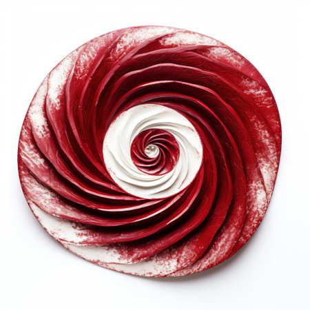 the spiral, a mesmerizing maroon swirl, stands out against a pristine white isolated background, evoking a sense of dynamic movement and energy, perfect for designs requiring a pop of color and visual interest, ideal for abstract art, graphic design, and creative projects. ai generatedの素材