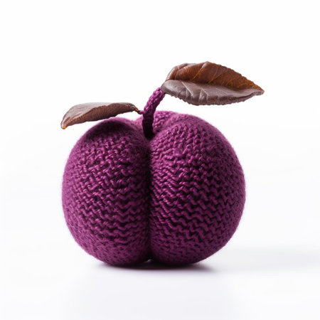 the plum, a vibrant purple fruit, sits isolated on a pristine white background, surrounded by a delicate, hand-knitted fabric that adds a touch of warmth and coziness to the overall composition, perfect for food, fruit, and textile enthusiasts. ai generatedの素材