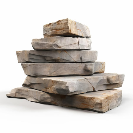 the flagstone, a type of natural stone paving, is beautifully showcased on a pristine white isolated background, highlighting its unique texture and earthy tones, perfect for outdoor landscaping, patio, and walkway design projects, evoking a sense of rustic charm and sophistication. ai generatedの素材