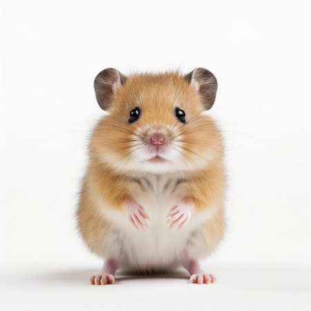 the hamster, a small and adorable furry rodent, sits comfortably in front of a pristine white background, showcasing its soft grey and white fur, tiny paws, and curious eyes, making it a perfect subject for animal lovers and photography enthusiasts alike. ai generatedの素材