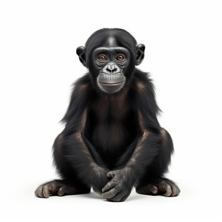 the bonobo, a rare and endangered primate species, is showcased against a pristine white background, highlighting its distinctive physical features, such as its dark fur, long arms, and expressive face, while emphasizing the importance of conservation efforts in protecting these intelligent and social creatures. ai generatedの素材