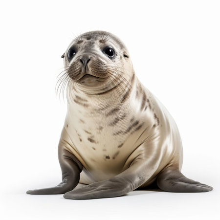 the seal, with its sleek fur and big brown eyes, poses majestically against a pristine white background, showcasing its natural beauty and playful personality, highlighting the importance of marine conservation and wildlife preservation in arctic and sub-antarctic regions. ai generatedの素材