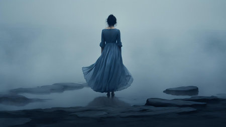the woman stands alone, shrouded in a mysterious indigo fog that swirls around her, evoking a sense of mystique and intrigue, as the misty atmosphere creates an otherworldly ambiance, perfect for capturing the essence of moody and atmospheric landscape photography. ai generatedの素材