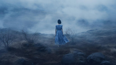 the woman stands alone, shrouded in a mystical indigo fog that swirls around her, evoking an air of mystery and serenity, as the misty atmosphere creates a sense of calmness and tranquility, perfect for a peaceful and contemplative moment of self-reflection. ai generatedの素材