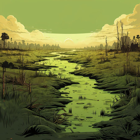 the swamp, surrounded by lush green prairie grass, comes alive in this vibrant pixel art scene, where murky waters reflect the vibrant hues of a setting sun, and twisted cypress trees stretch towards the sky, evoking a sense of mystery and tranquility in this unique ecosystem. ai generatedの素材