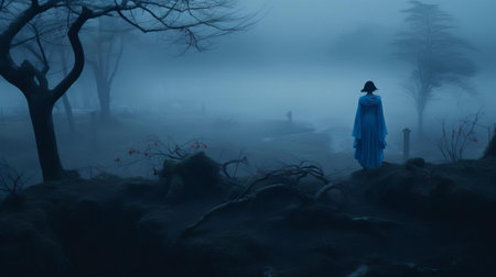 the woman stands alone, shrouded in a mysterious indigo fog that swirls around her, creating an eerie atmosphere, evoking feelings of solitude and contemplation, as the misty veil obscures her features, inviting the viewer to ponder the secrets hidden within. ai generatedの素材