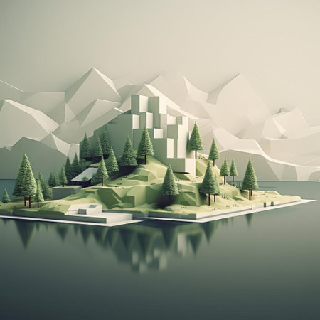 mountainous landscape stretches across the horizon, a serene minimalist 3d scenery featuring rolling hills, sparse trees, and a subtle mist, evoking a sense of calmness and tranquility, perfect for digital art, computer graphics, and futuristic design inspirations. ai generatedの素材