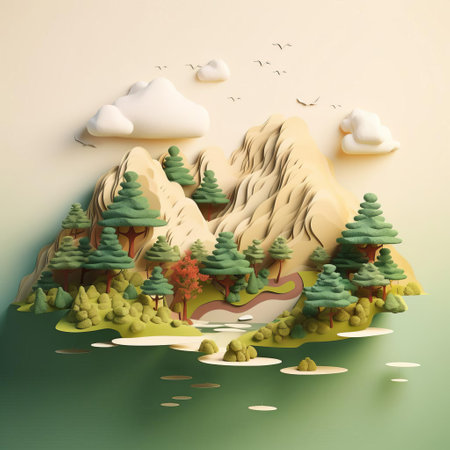 mountainous landscape stretches across the horizon, showcasing a serene and peaceful atmosphere, as a minimalist 3d rendering brings simplicity and elegance to this digital artwork, highlighting the beauty of nature's contours and subtle color palette, evoking a sense of calmness and tranquility. ai generatedの素材