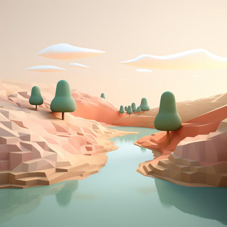 mountain peaks rise gently in this serene minimalist 3d landscape, where simplicity and elegance converge, evoking a sense of calmness and tranquility, perfect for digital art enthusiasts and fans of modern design, featuring subtle textures and soothing colors. ai generatedの素材