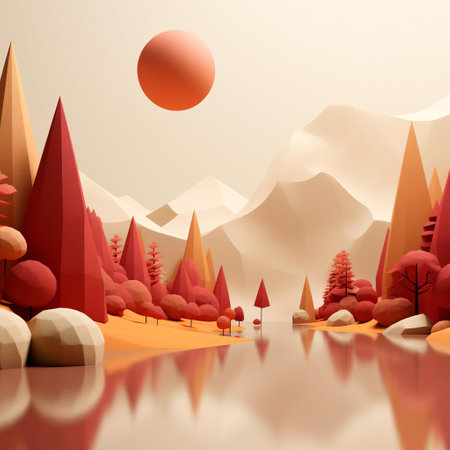 mountainous landscape stretches across the horizon, simplified to its essence in a stunning minimalist 3d representation, evoking a sense of serenity and calmness, with rolling hills, sparse trees, and a vast blue sky, perfect for a modern digital art collection or futuristic design inspiration. ai generatedの素材
