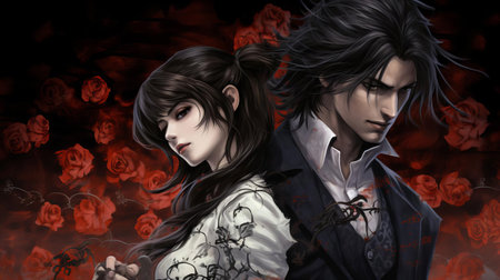 the american vampire knight stands eerily still in the murky quag, surrounded by twisted tree roots and overgrown vegetation, exuding an aura of mystery and foreboding, as if guarding ancient secrets in this hauntingly beautiful and isolated swamp landscape. ai generatedの素材