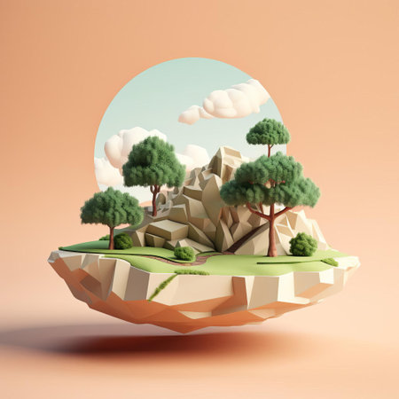 mountainous landscape stretches across the horizon, a serene minimalist 3d scene featuring rolling hills, sparse trees, and a vast expanse of blue sky, evoking a sense of calmness and tranquility, perfect for digital art enthusiasts and fans of simple, yet striking, computer-generated imagery. ai generatedの素材