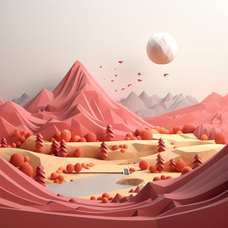 mountainous landscape stretches across the horizon, a serene minimalist 3d scenery featuring rolling hills, sparse trees, and a vast blue sky, evoking a sense of calmness and simplicity, perfect for digital art, computer-generated imagery, and futuristic design inspiration. ai generatedの素材