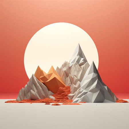 mountainous landscape stretches across the horizon, showcasing a serene minimalist 3d scenery with gentle hills, sparse trees, and a subtle misty atmosphere, evoking a sense of calmness and tranquility, perfect for digital art and design inspiration, 3d modeling, and landscape architecture visualization. ai generatedの素材